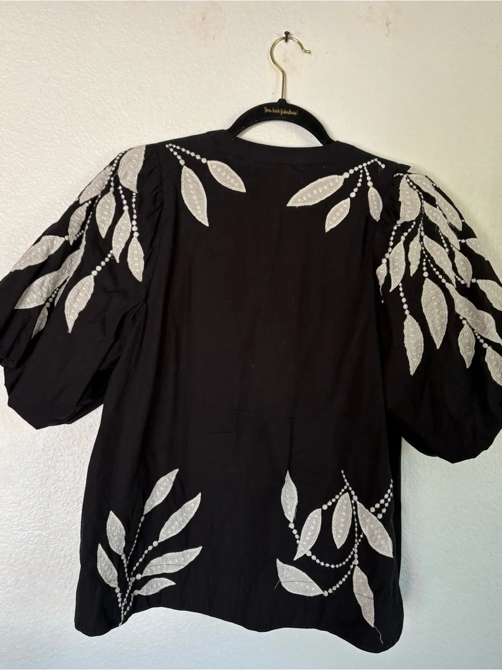 Anthropologie Black Blouse with White Leaf Embroidery - Picture 2 of 12